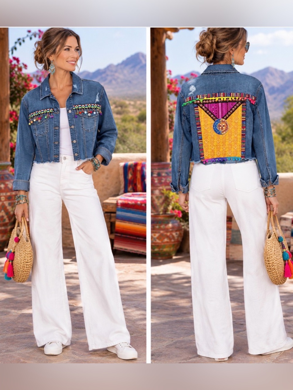 EVRI Upcycled Pompoms Embroidery Stretch Denim Jean Boho Jacket Size 1X